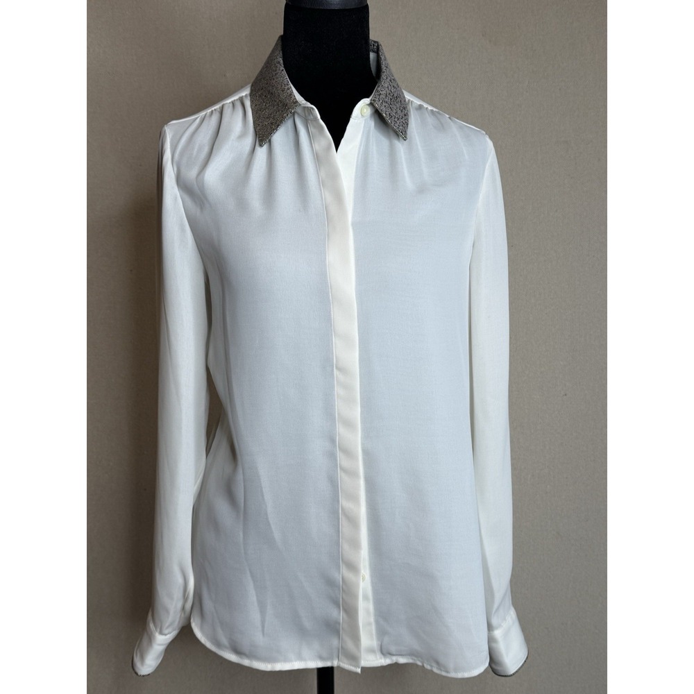 NWT Banana Republic Button Up Long Sleeve Blouse Women's Ivory Metallic Collared
